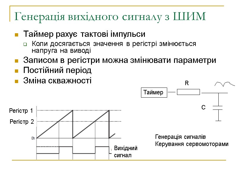 Генерація вихідного сигналу з ШИМ Таймер рахує тактові імпульси Коли досягається значення в регістрі